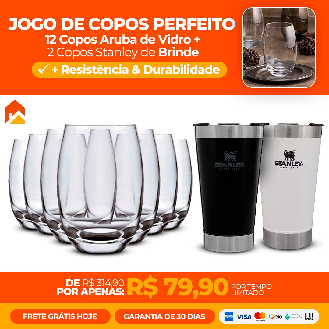 Jogo de Copos Perfeito com 12 Copos Aruba de Vidro + 2 Copos Stanley de Brinde